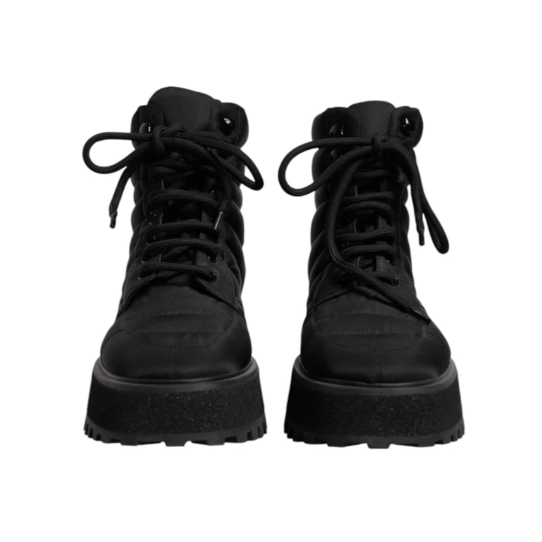 Dolce & Gabbana Black Padded Mid Calf Lace Up Boots Shoes Nylon Leather Pc - Men
