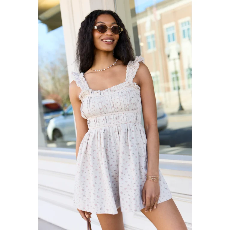 Out West Beige Printed Denim Romper Dress