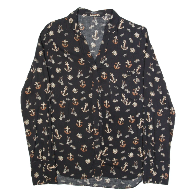 GUESS Womens Shirt Black Crazy Pattern Long Sleeve L