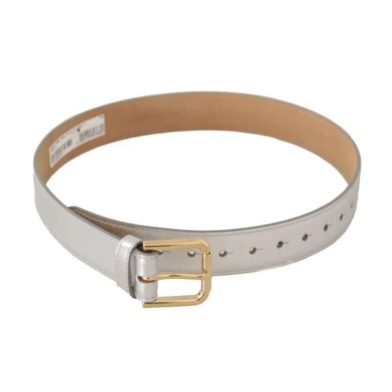 Dolce & Gabbana Silver Leather Gold Tone Logo Metal Buckle Belt - Women