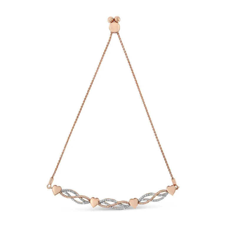 14K Rose Gold Plated .925 Sterling Silver Cttw Diamond Accent Layered Infinity Link and Heart Adjustable 4"-10" Adjustable Bolo Bracelet (I-J Color, I3 Clarity)