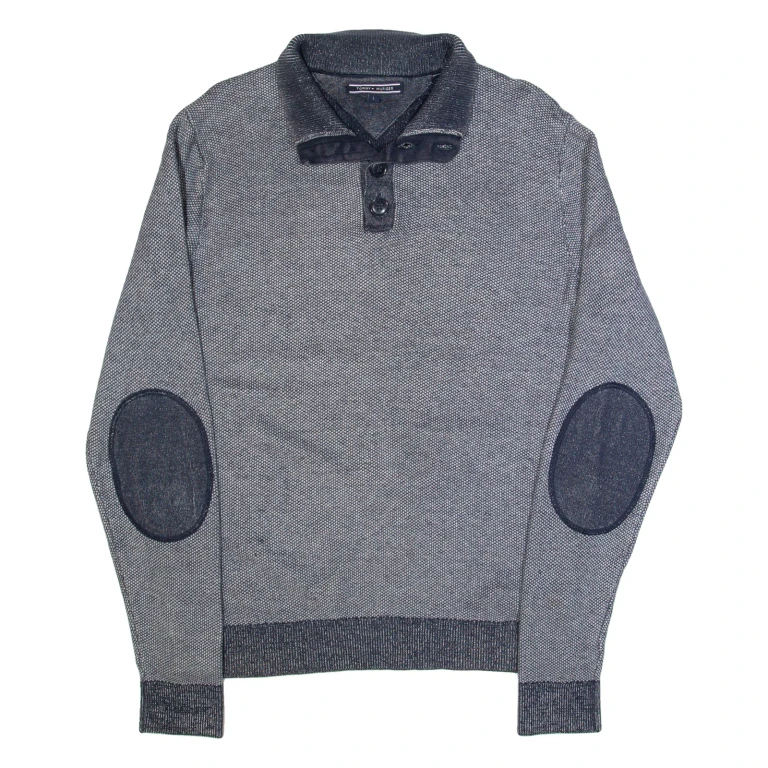 TOMMY HILFIGER Mens Jumper Blue Button Neck Tight Knit L