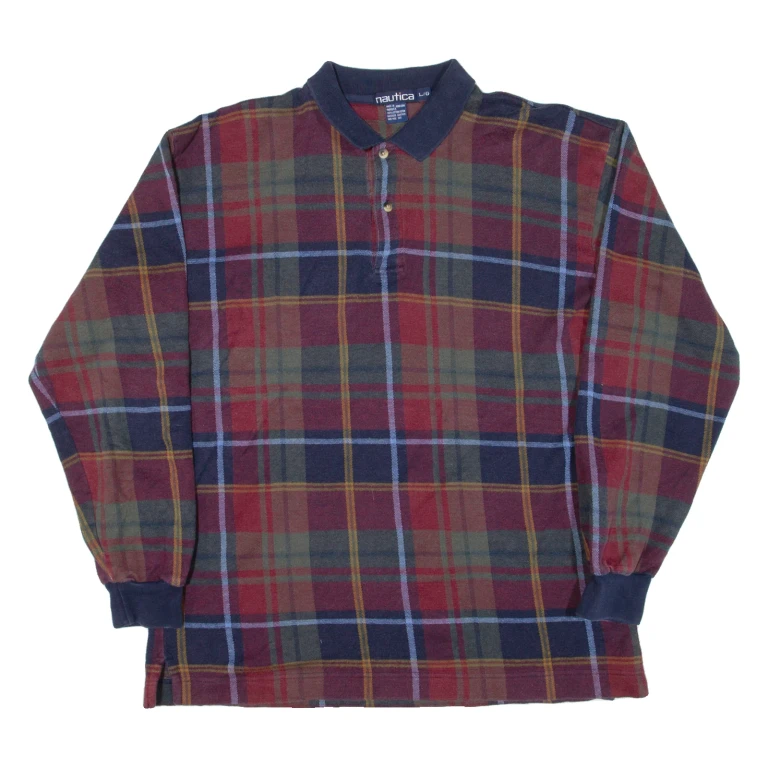 NAUTICA Mens Polo Shirt Red Check Long Sleeve L