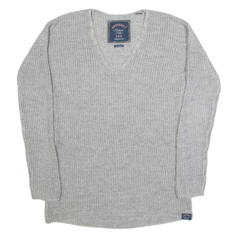 SUPERDRY Womens Jumper Grey V-Neck Tight Knit XS