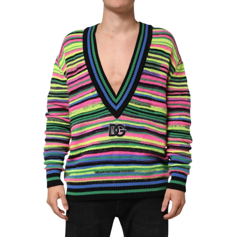 Dolce & Gabbana Multicolor Dg Logo V-Neck Knit Pullover Sweater Clothing - Men