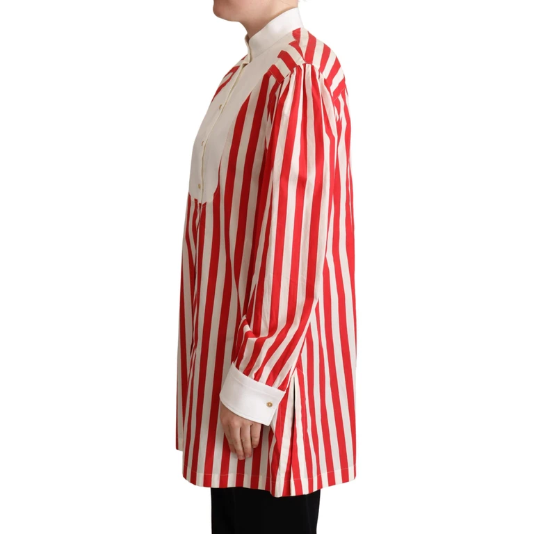 Red White Striped Long Sleeves Formal Shirt Cotton - Women