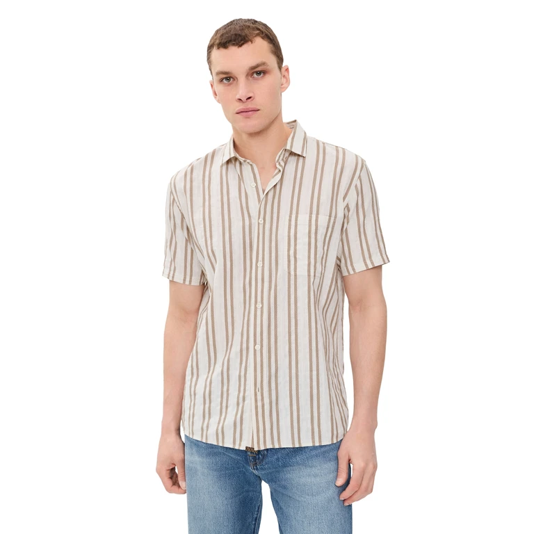 Billy Reid Textured Dobby Stripe Shirt Tinted White/Khaki XL