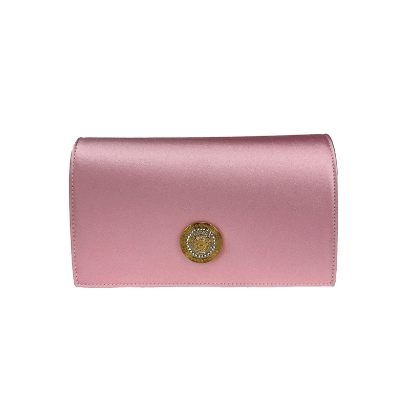 Versace Medusa Crystal Satin Mini Chain Crossbody Bag Purse Gold - Women