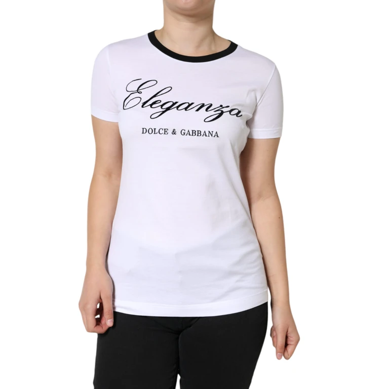 Dolce & Gabbana White Eleganza Print Cotton Short Sleeves T-Shirt - Women