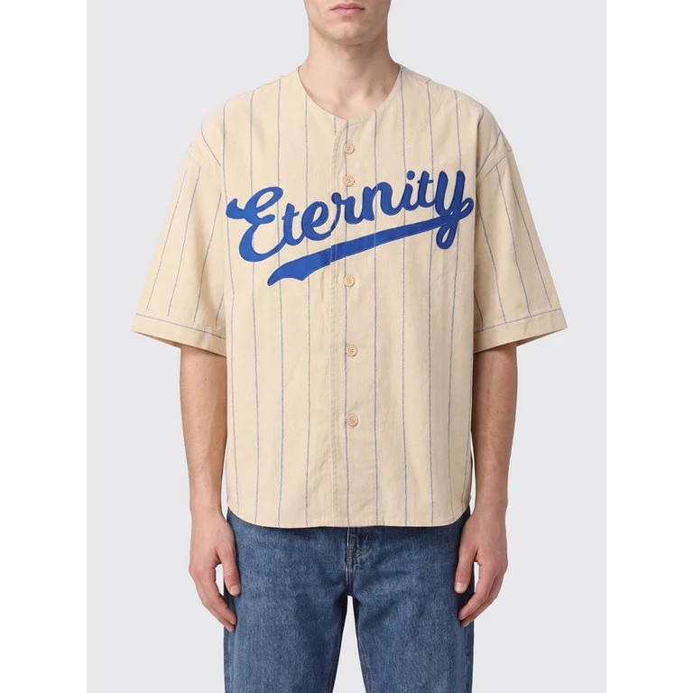 Short-Sleeved Striped Bowling Shirt with Slogan Print (SMMK80000039)