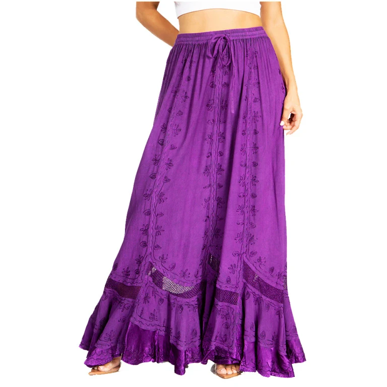 Sakkas Ivy Second Women's Maxi Boho Elastic Waist Embroidered A Line Long Skirt