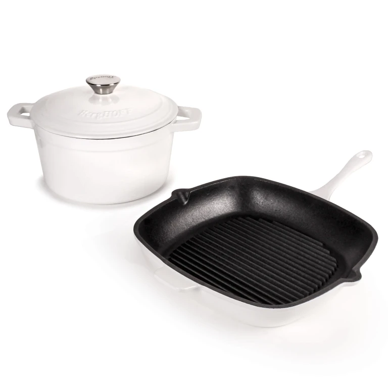 Neo 3pc Cast Iron Cookware Set, Grill Pan & Round Dutch Oven, White