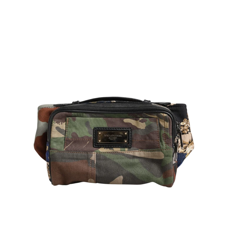 Dolce & Gabbana Multicolor Camouflage Patchwork Logo Waist Fanny Pack Bag Cotton Leather Viscose - Men