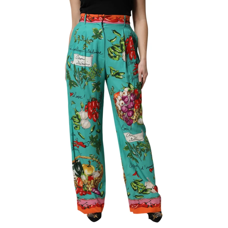 Dolce & Gabbana Green Silk Printed Straight Pants Elastane - Women