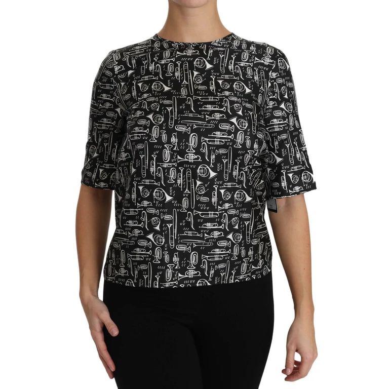 Dolce & Gabbana Black Musical Instruments Print Silk Blouse - Women