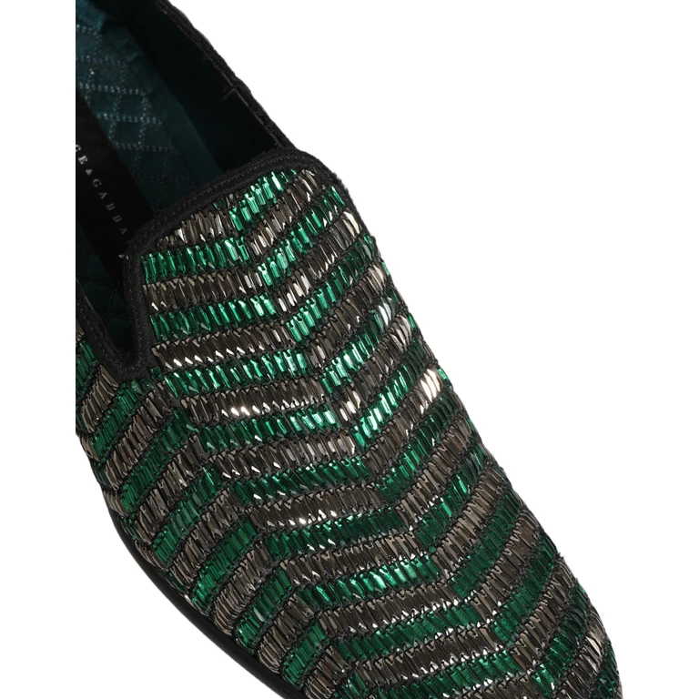 Dolce & Gabbana Silver Green Embellished Dress Loafers Shoes Leather - Men