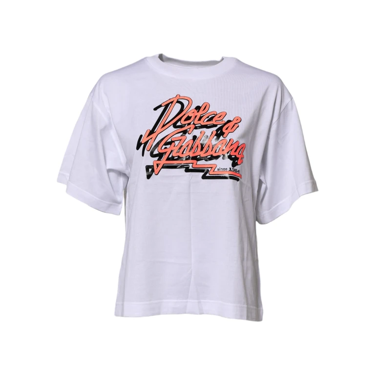 Dolce & Gabbana White Cotton Graphic Print Crew Neck T-Shirt - Women