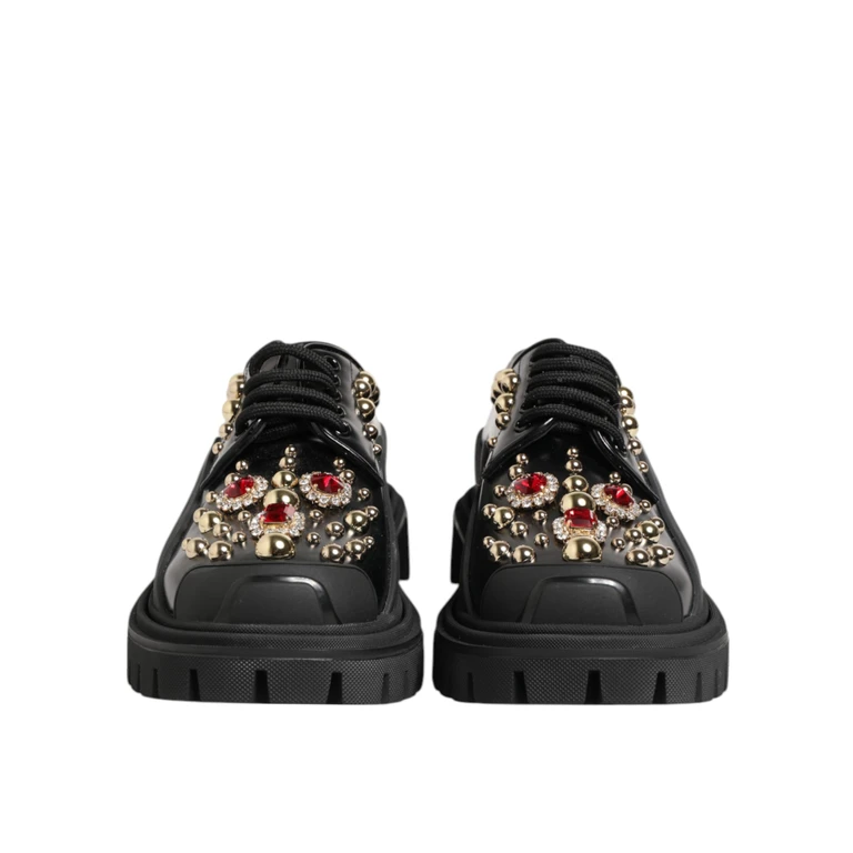 Dolce & Gabbana Black Leather Jeweled Crystals Derby Shoes - Women