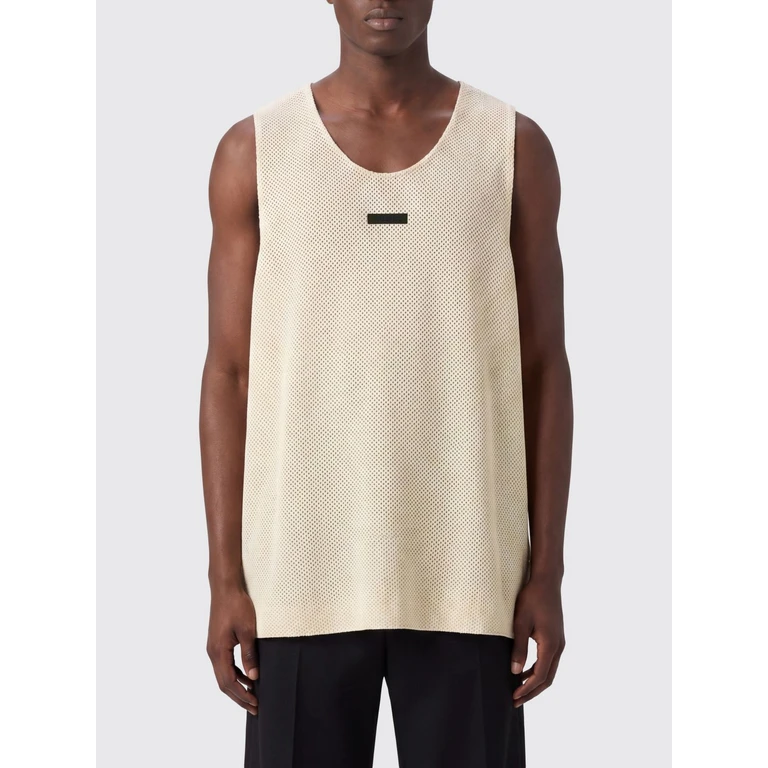 Cotton and Virgin Wool Blend Tank Top with U-Neck and Logo (FG9M20212DKMSCREAM)