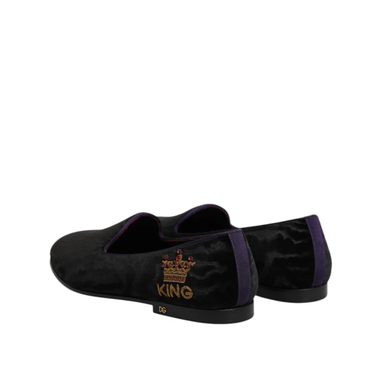 Dolce & Gabbana Black Dg Crown Embroidery Loafers Slip On Shoes - Men