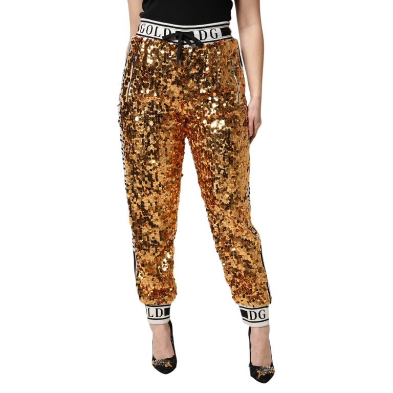 Dolce & Gabbana Metallic Gold Dg Logo Sequined Jogger Pants Polyester - Women