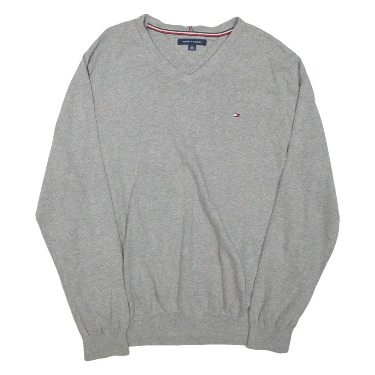 TOMMY HILFIGER Mens Jumper Grey V-Neck Tight Knit XL