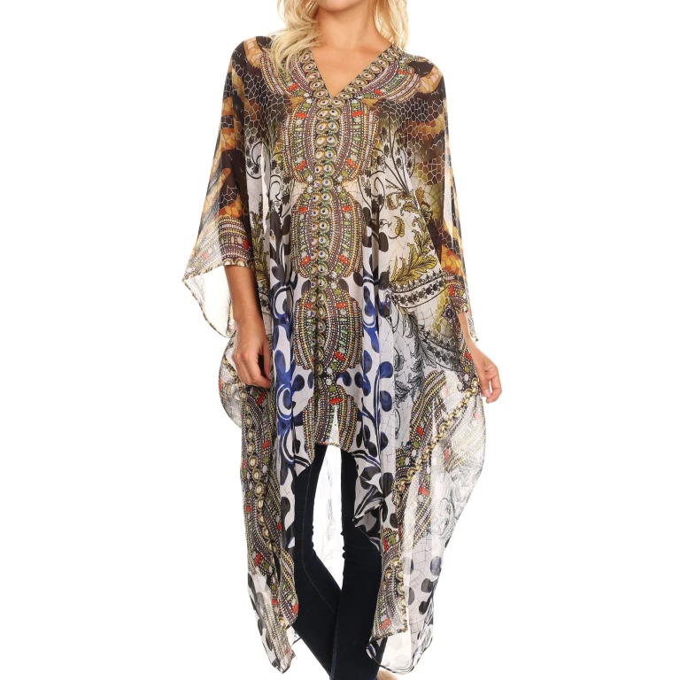 Sakkas Livi Women's V Neck Beach Dress Cover up Caftan Top Loose with Rhinestone