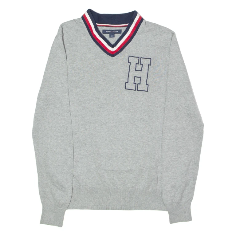 TOMMY HILFIGER Mens Patterned Jumper Grey Striped V-Neck Tight Knit XS