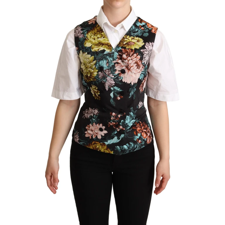 Black Jacquard Floral Waistcoat Vest Polyester Silk Elastane Clothing - Women