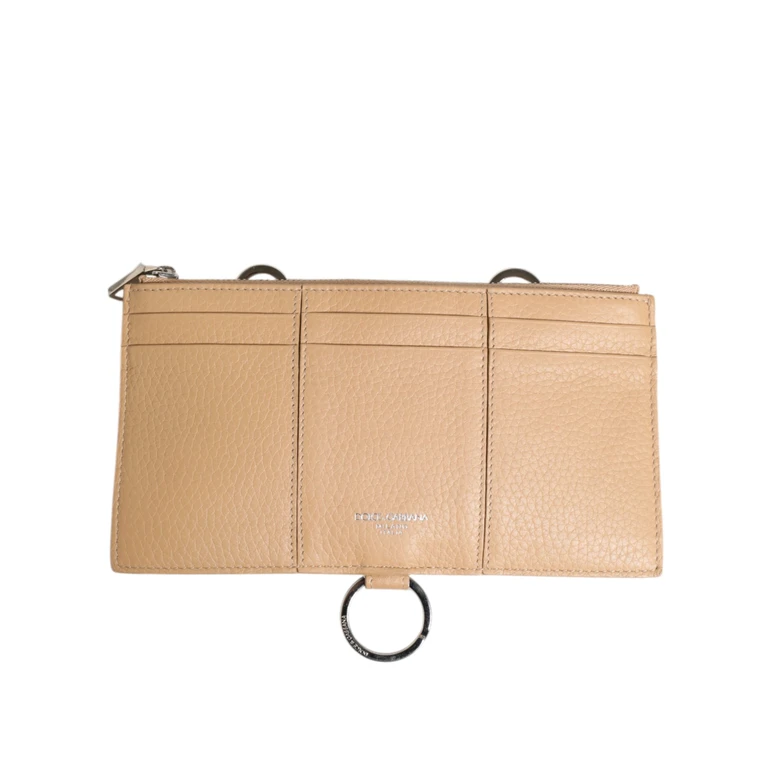 Beige Calfskin Leather Large Crossbody Card Holder Wallet - Men