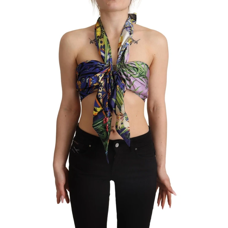 Multicolor Foulard Silk Halter Cropped Top - Women
