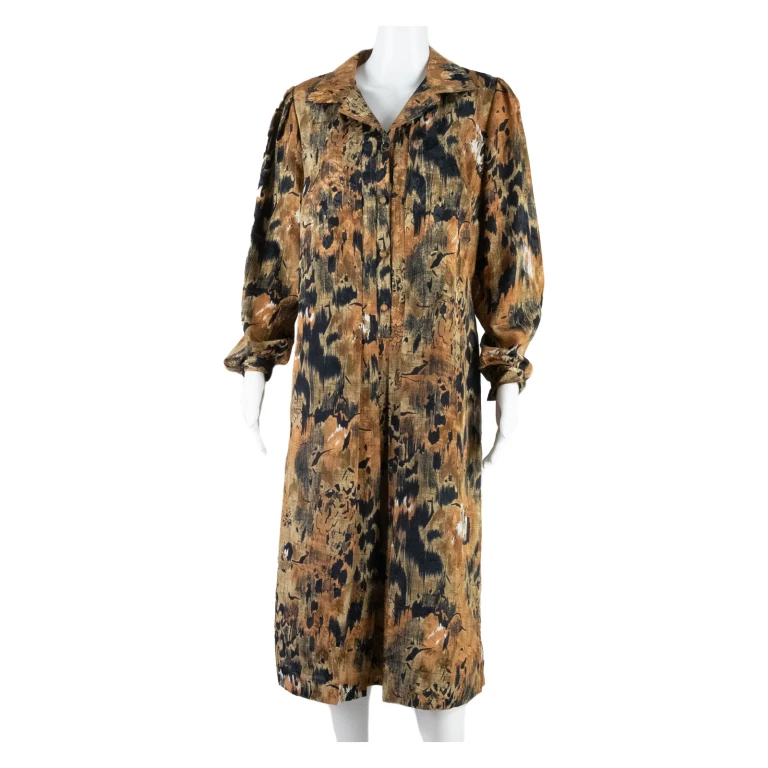 DUTCH DIAMOND DRESS Womens Shirt Dress Brown 90s Crazy Pattern Midi L