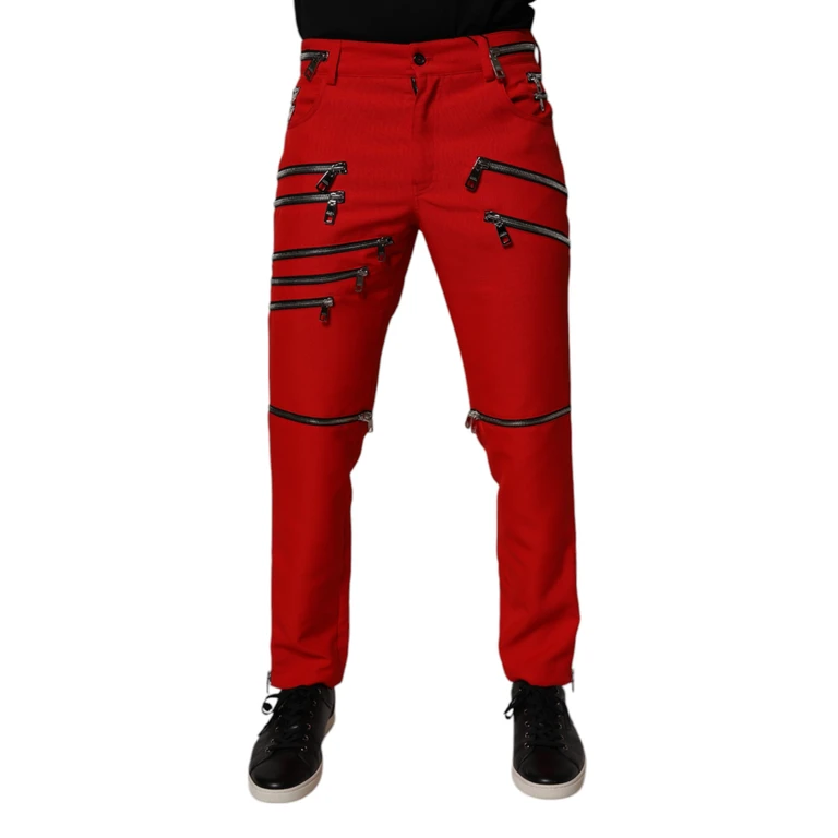 Dolce & Gabbana Red Zipper Embellished Straight Pants Polyester - Men