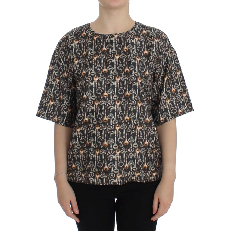 Dolce & Gabbana Gray Gold Key Print Silk Blouse T-Shirt - Women
