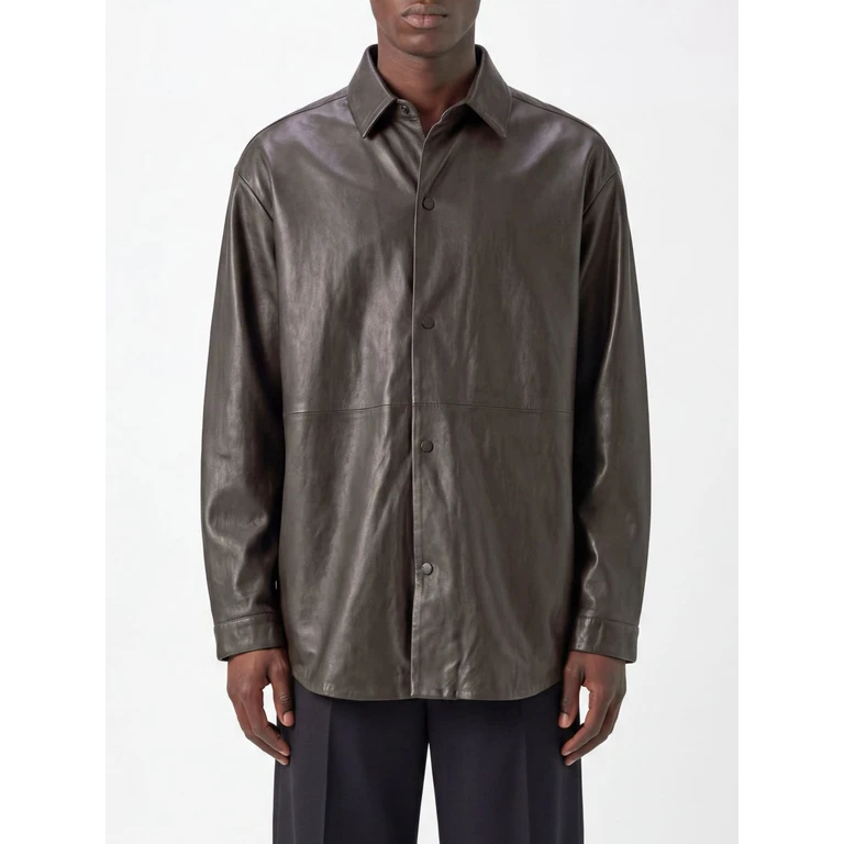 Casual Smooth Leather Shirt with French Collar and Curved Hem (FG9M50505LTHDARKBROWN)