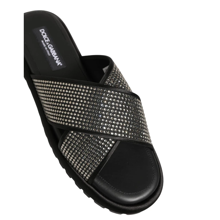 Dolce & Gabbana Black Strass Criss Cross Slide Sandals Shoes Leather - Men