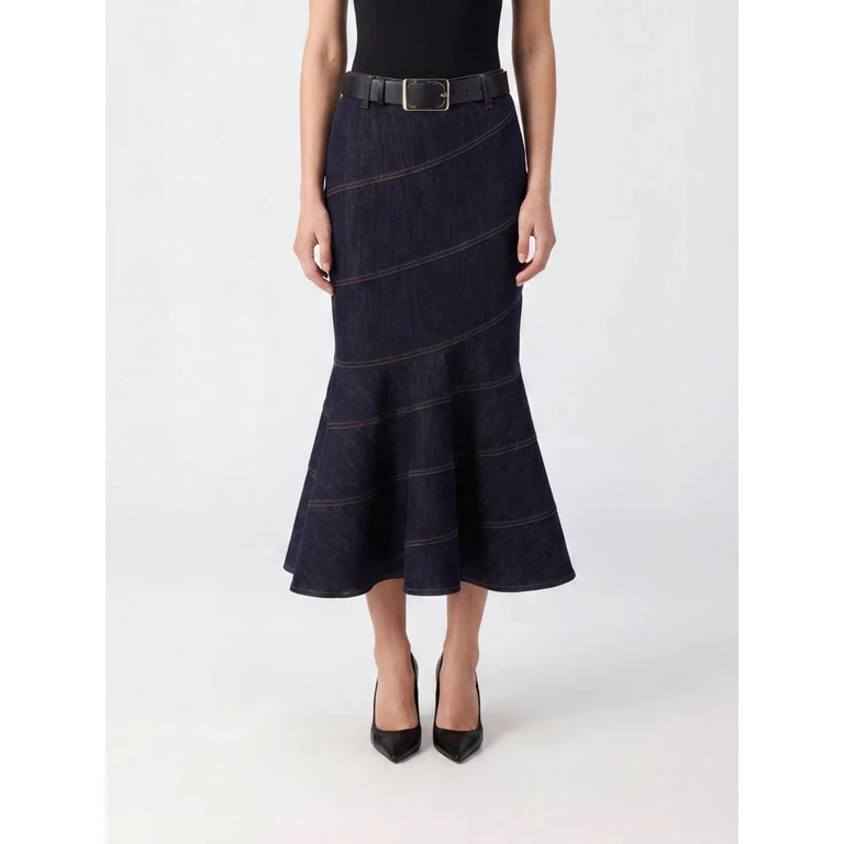 Striped Denim Flared Midi Skirt with High Waist and Belt (PF26810MSKBLBLUE)