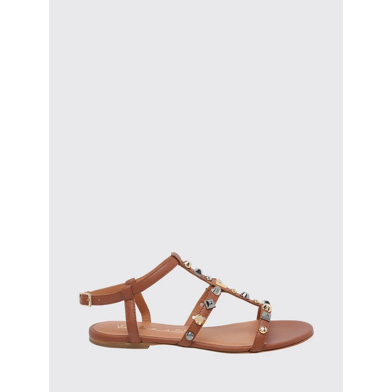 Flat T-Strap Smooth Calfskin Leather Sandals with Stud Application (4640CCUOIO)
