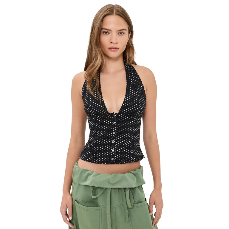 Free People Ramona Printed Halter Top Black Combo L