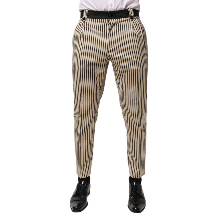 Beige Black Striped Cotton Slim Fit Trousers Pants Elastane - Men