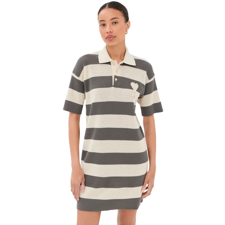 AMI Short Sleeves Polo Dress with Ami De Coeur Patch Blanc Crème/Carbone S