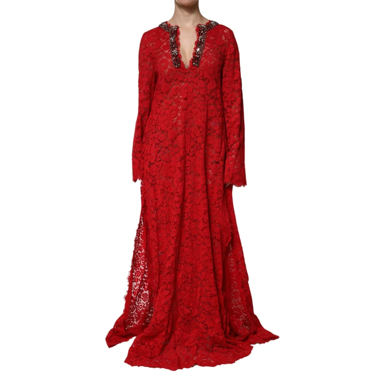 Red Floral Lace Rhinestone Embellished Dress Cotton Viscose Nylon - Women