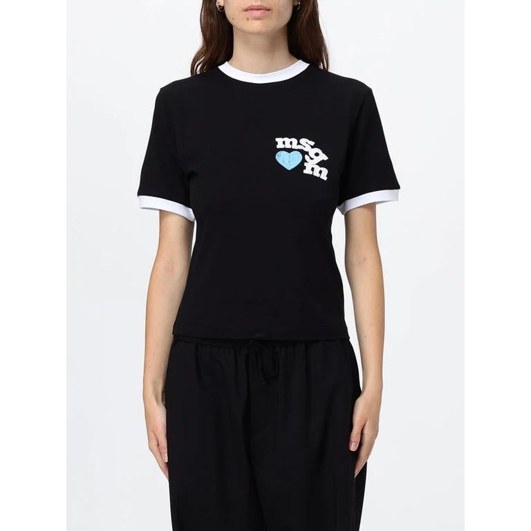 MSGM Slim Fit Cotton T-Shirt with Logo Print and Contrast Trims (4042MDM88267002BLACK)