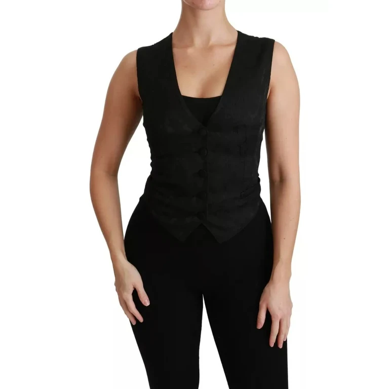 Dolce & Gabbana Black Lace Waistcoat Slim Vest Silk Top - Women