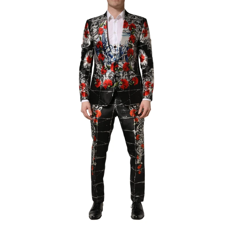 Black Floral 2 Buttons Formal 3 Piece Suit Silk - Men
