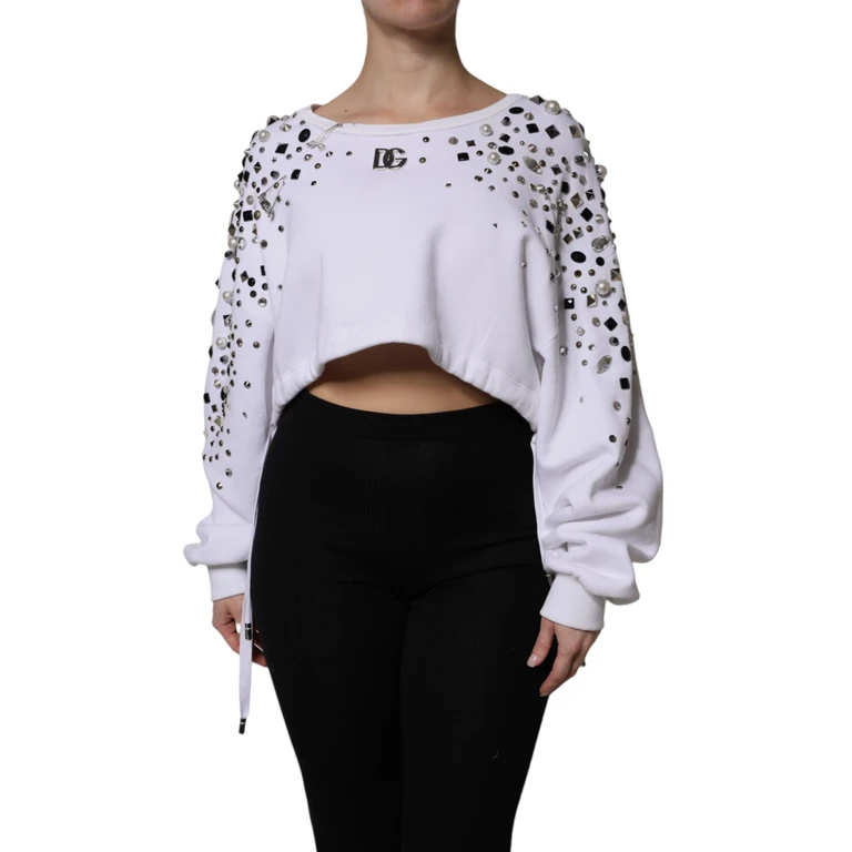 White Embellished Long Sleeve Cropped Sweater Cotton Clothing - Women