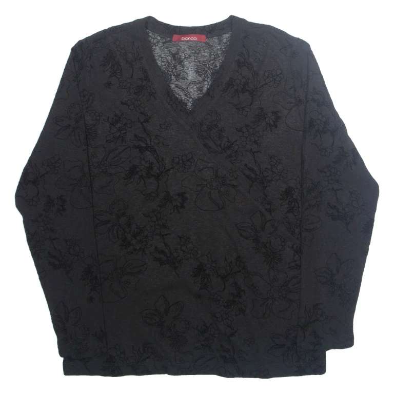 BIANCA Womens Printed Top Black V-Neck Long Sleeve Floral M