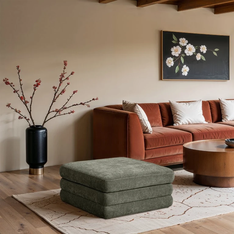 Stellar Green Chenille Modular Ottoman