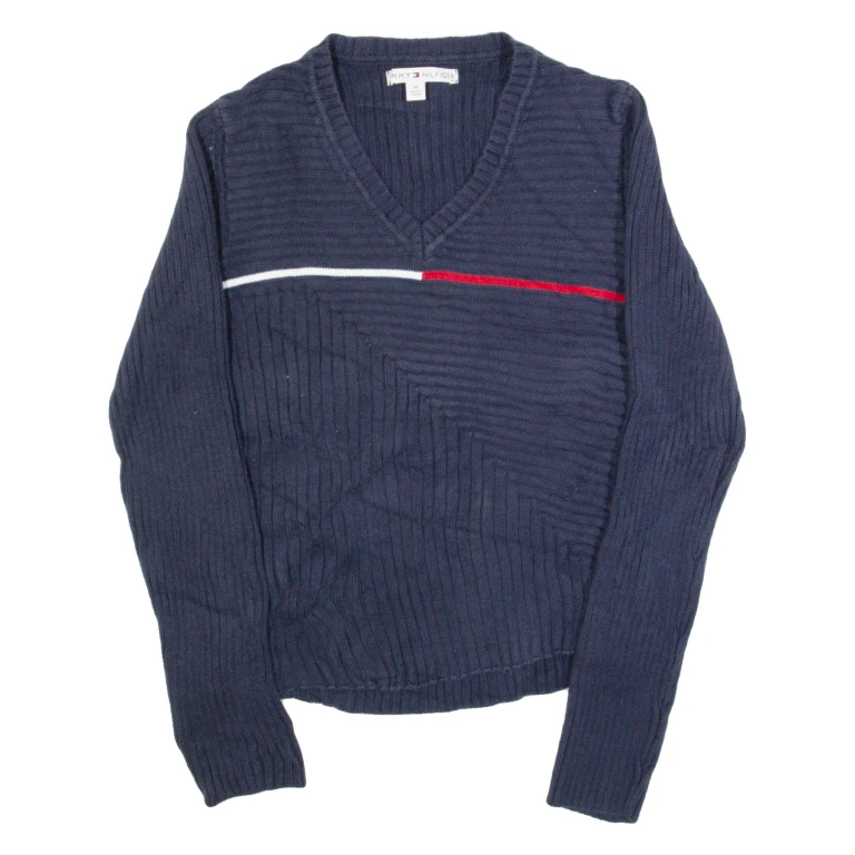TOMMY HILFIGER Womens Jumper Blue V-Neck Tight Knit M
