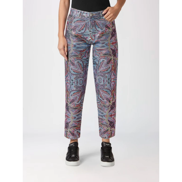 High-Waisted Mom Fit Jeans with Abstract Print and Rhinestones (SADCWDT2495PDE004N07IX)